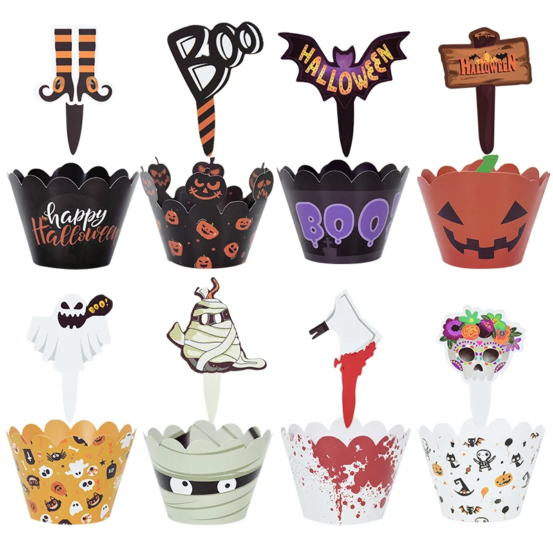 

16pcs Halloween Cupcake Wrapper Paper Topper Pumpkin Ghost Happy Halloween Cupcake Baking Decor Festival Theme Party Supplies