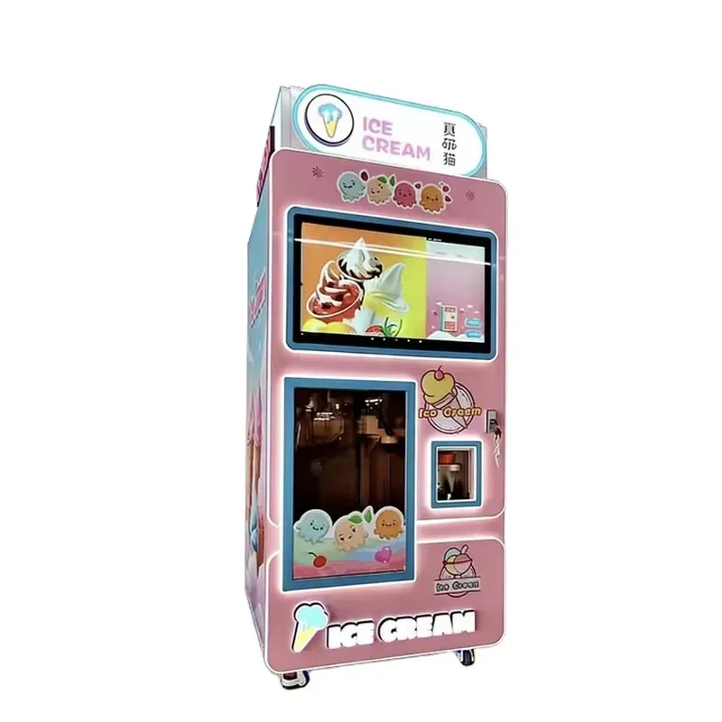 32 Inch Ad Screen Soft Serve Robot Kiosk Fully Automatic Unattended Gelato Dispenser for Shopping Malls