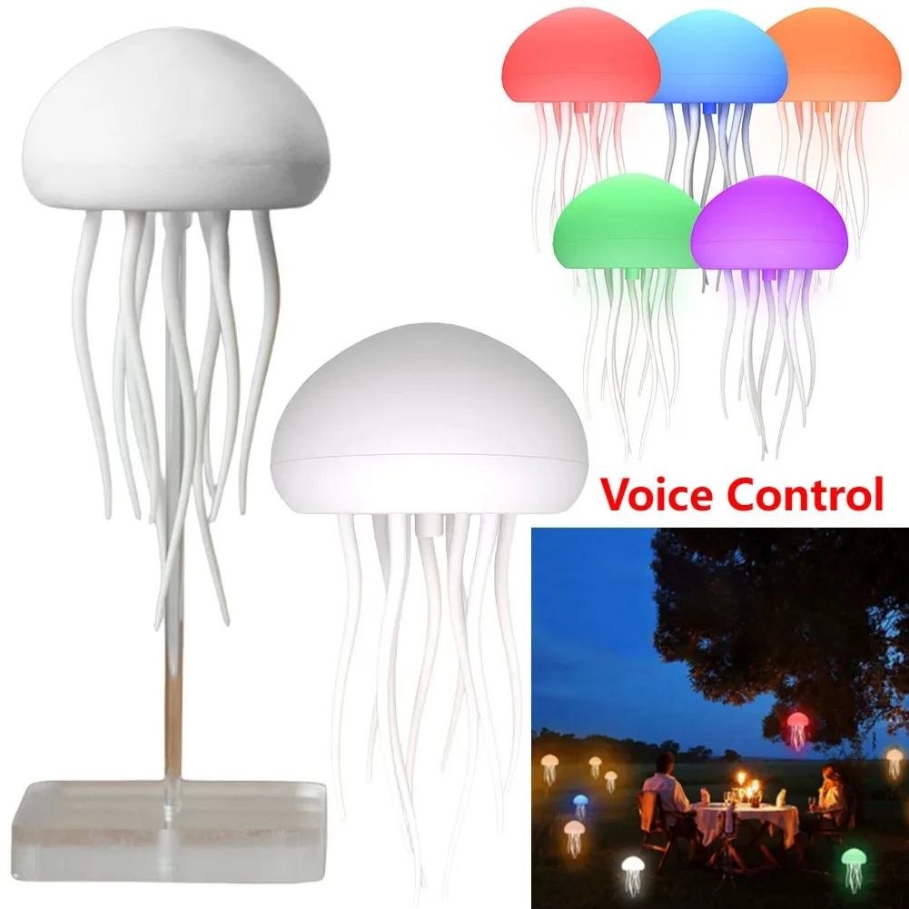 Voice Control Jellyfish Bedside Lamp USB-C Charging Flexible Tentacles Night Light for Holiday Gifts