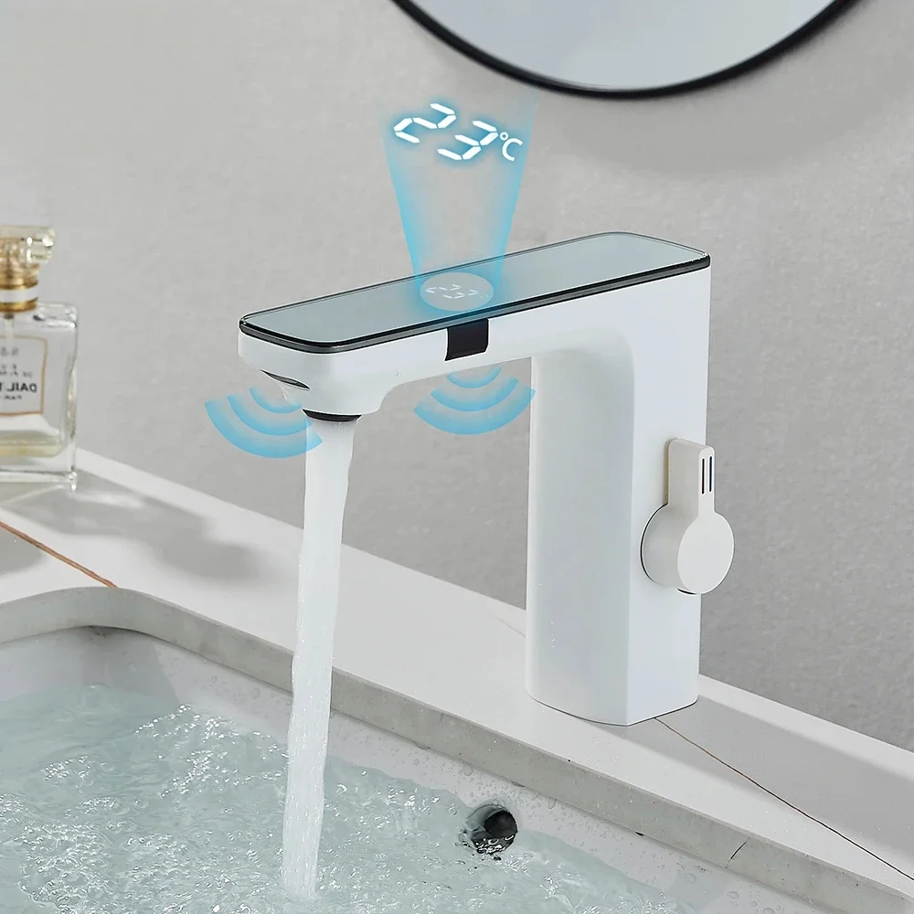 

ADEA White Sensor Basin Faucet Screen Digital Display Hot Cold Water Mixer Tap Touchless Vanity Sink Faucet For Bathroom