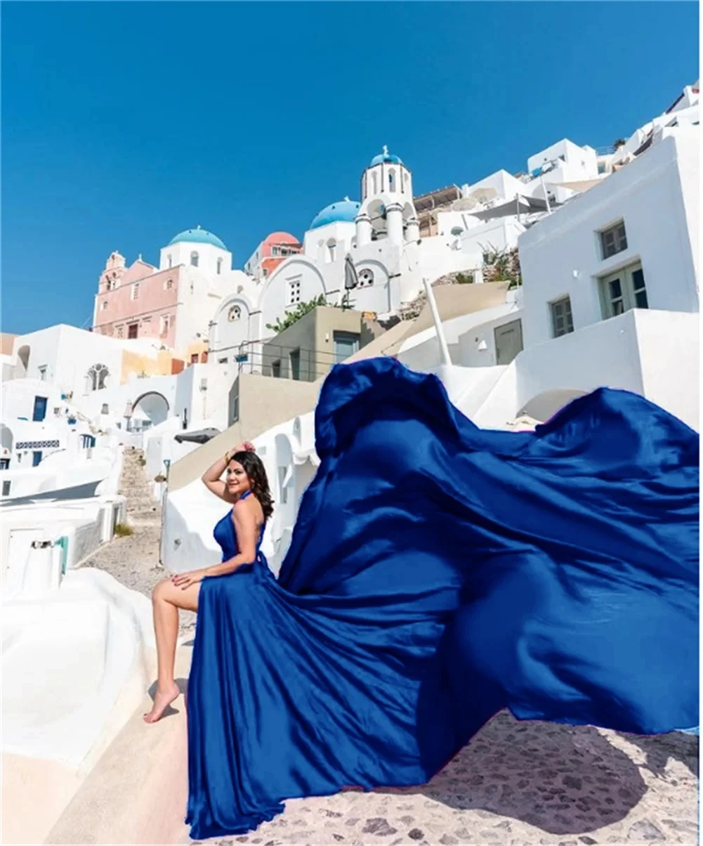 

2025 Sexy Flying Evening Dress For Photoshoot Long Train Halter High Split Silk Satin Beach Prom Party Gown Robe De Soiree