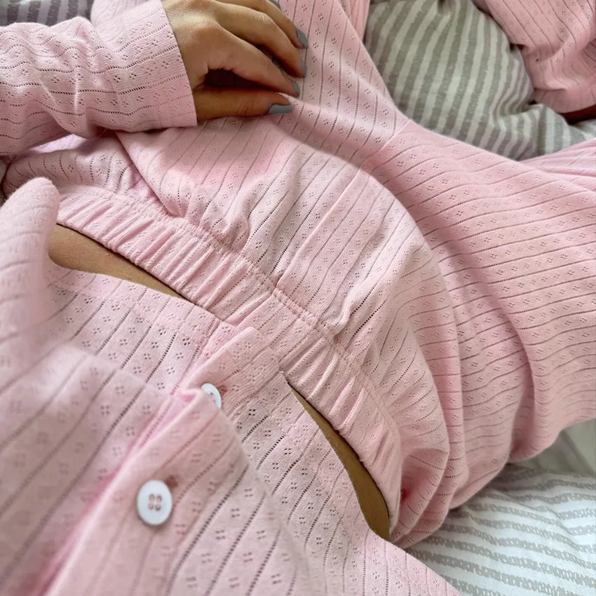 New Autumn Winter Pink Color Knitted Loose Comfortable Soft Long-sleeved Trousers Pajamas 2PCS Home Clothes Home Wears Nightwear