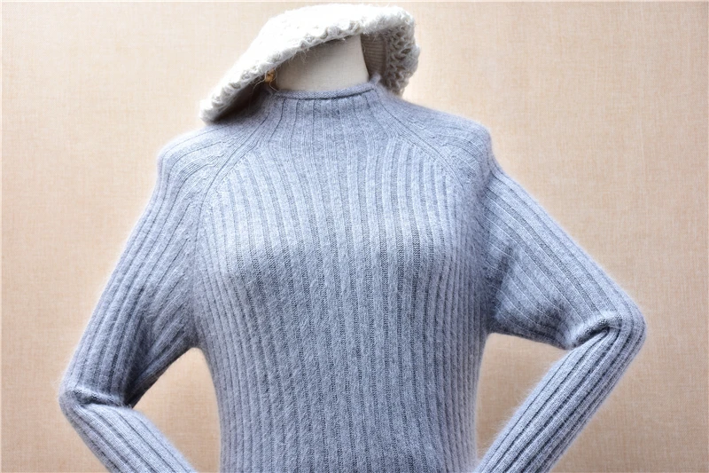 Ladies Women Autumn Winter Grey Striped Hairy Angora Rabbit Hair Knitted O-Neck Long Sleeves Slim Blouses Pullover Sweater Dress