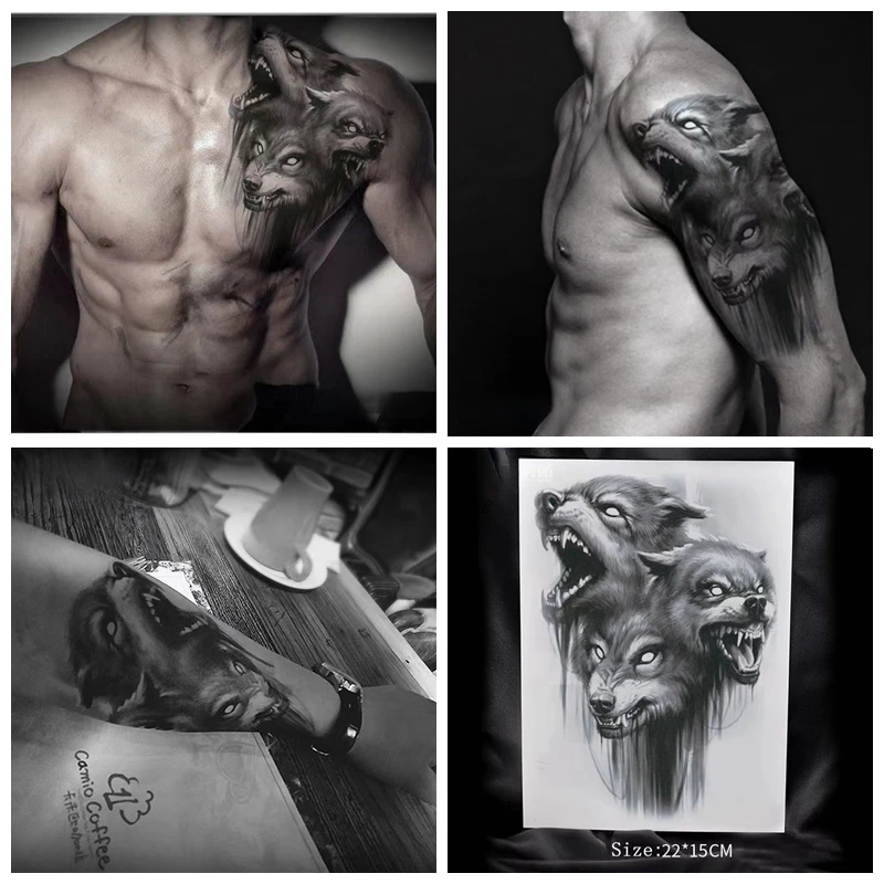 3 Head Wolf Waterproof Tatouage Temporaire Homme Stickers Flower Arm Concealer Chest Cool Sweat Proof Temporary Tattoo Adesivos