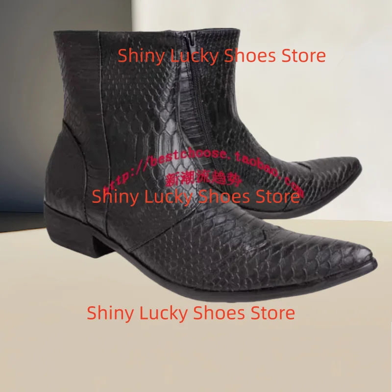 

Мужские туфли с узором под камень, заостренный носок, массивный средний каблук, боковые молнии, декоративные швы, прошитые детали