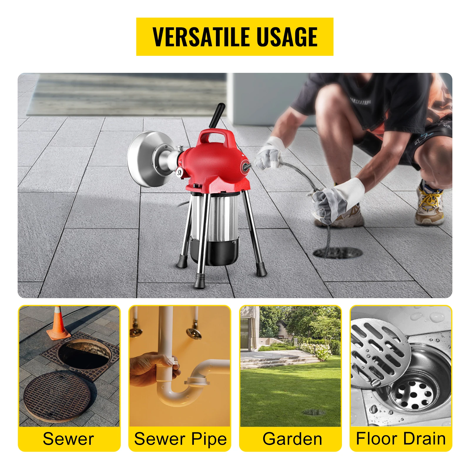 VEVOR Macchinetta Elettrica Portatile per Pulizia di Tubo Scarico Potenza da 250W/400W/500W Lunghezza di Cavo da 2,5m/3m/5m/12,5m/20m Motore in Rame Puro