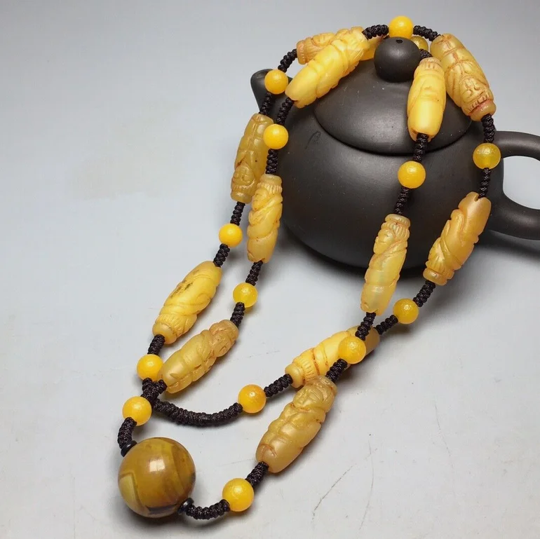 Tibetan Natural Silk Patina Old Agate Dzi Carved Buddha Beads Necklace M3271