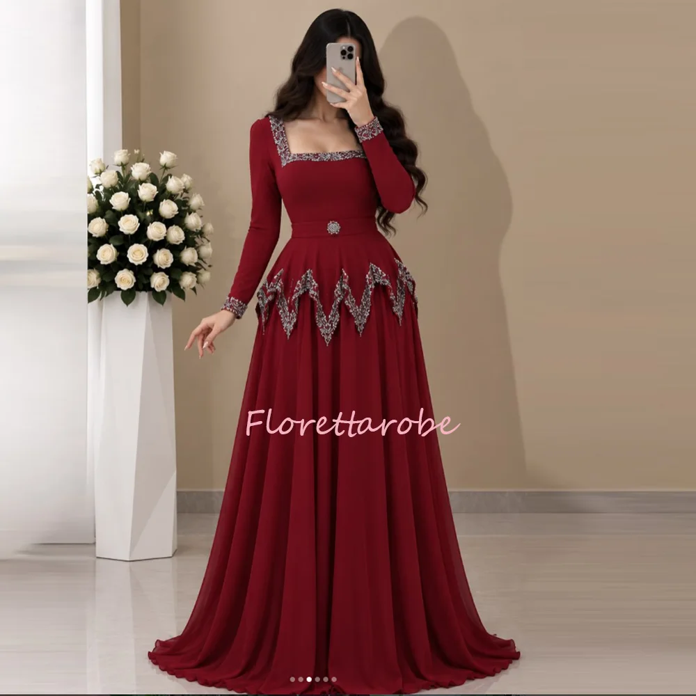 Customized Matching Sexy Chiffon Pleat Beading Sequined Prom Gown A-line Square Neck Long Evening Dress Exquisite High Quality