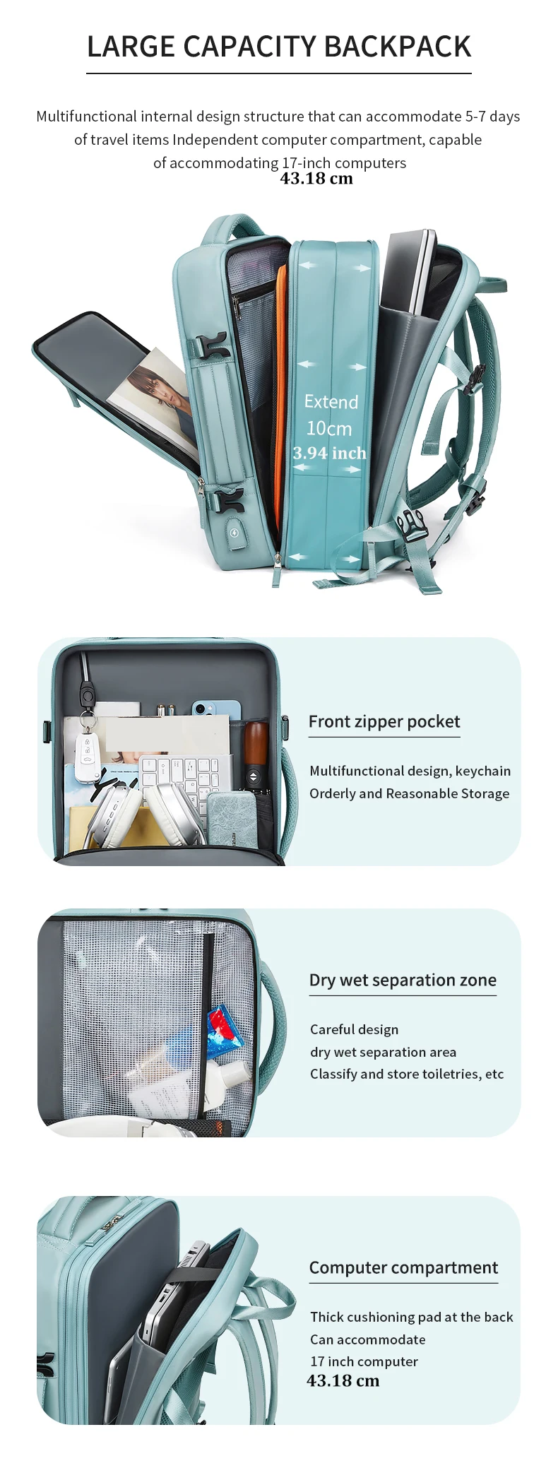 Reiserucksack für Männer, erweiterbar auf 39L, Wander- und Business-Laptop-Rucksack für Frauen, USB-Ladefunktion, 17 Zoll, wasserdichter Schulrucksack – Detail 6