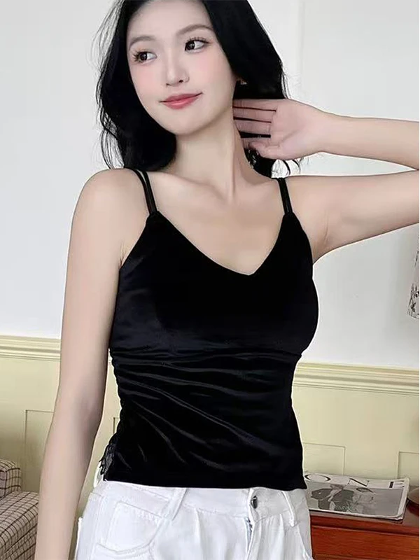 Gold Samt Trägerweste Damen Innenbekleidung Herbst Winter mit Brustpolster Spitze Schönes Ba V-förmiges Röhrenoberteil