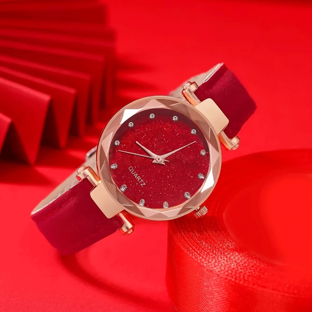 1PC ساعة كوارتز بسيطة من سبائك الزنك مع قرص دائري من حجر الراين + 1PC سوار فراشة أحمر أسود وردي