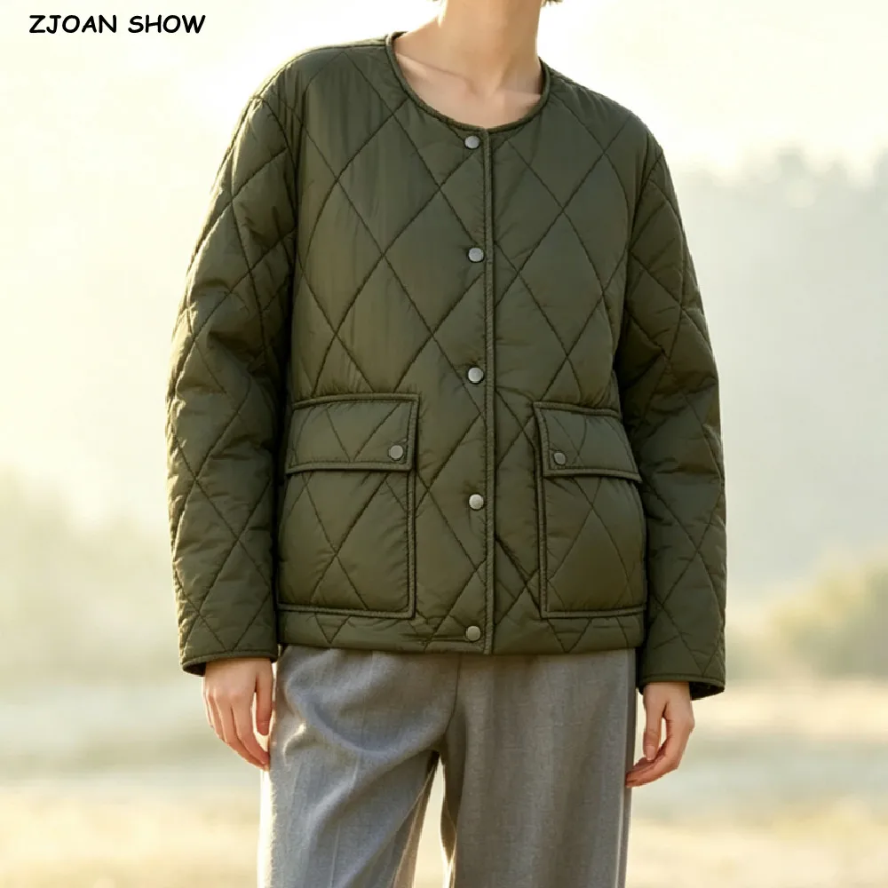 Autumn Winter Women Army Green Plaid Quilted Coat O Collar Front Pockets Thin Quilting Long Sleeve Loose Warm Jacket Outerwear