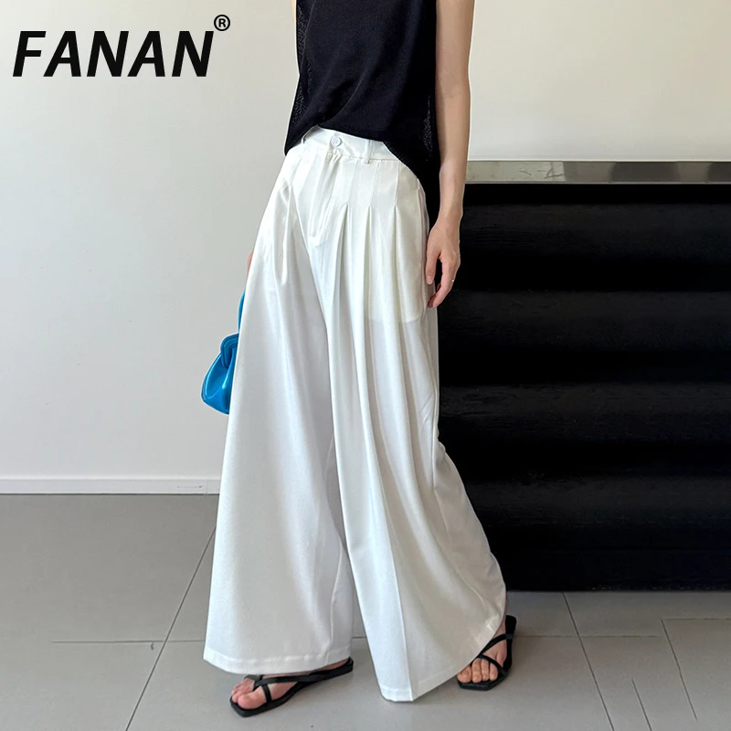 

FANAN Minimalism Pleated Design Pants For Women High Waist Straight Casual Loose Trousers Female Clothing 2025 Summer New