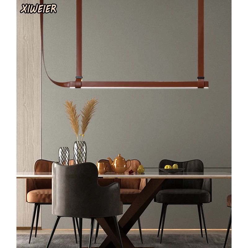 Italian minimalist restaurant pendant lamp strip belt designer creative island counter bar line leather tea room pendant lamp