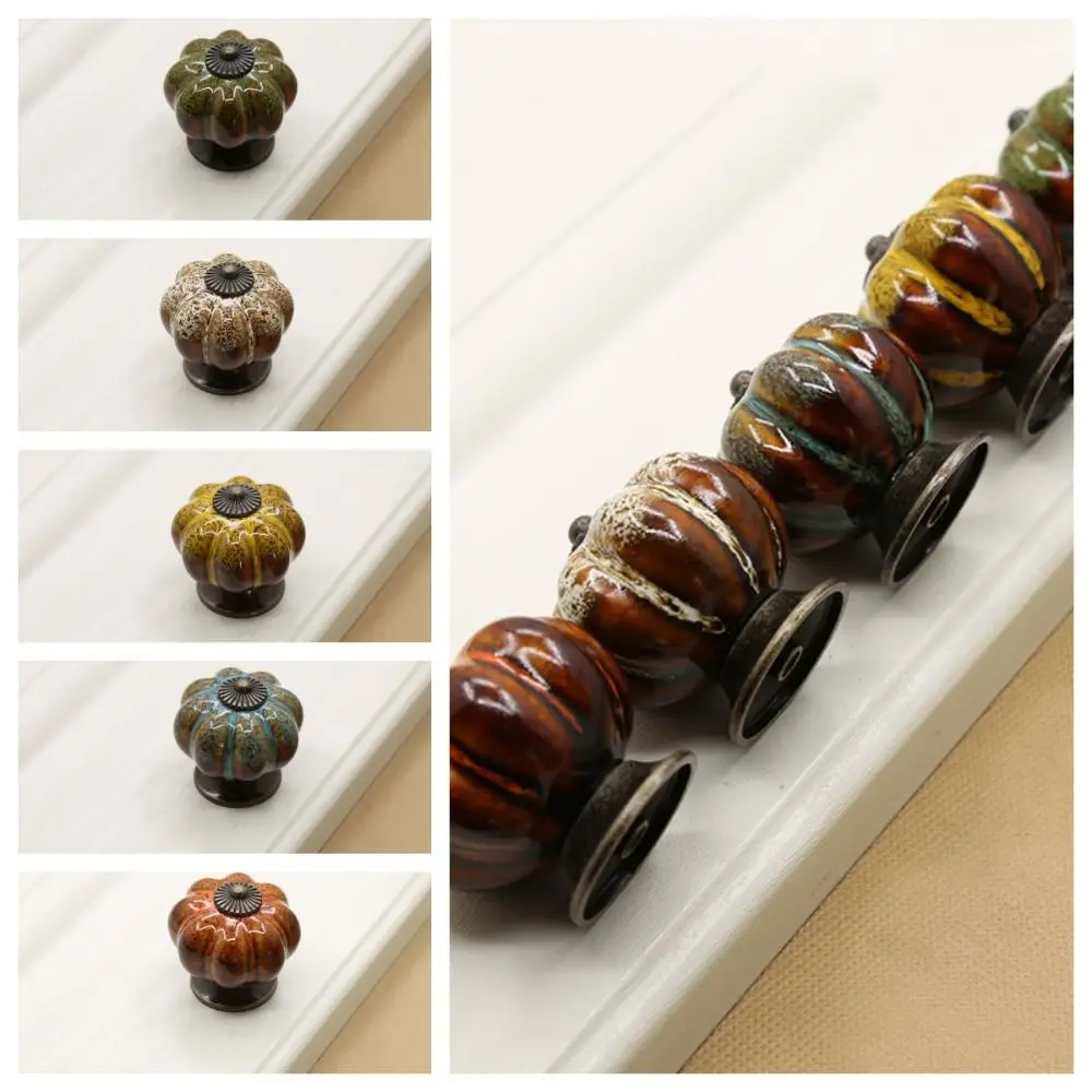 Retro Single Hole Ceramic Pumpkin Handle Leopard Pattern European Style Door Pull Handles Round Vintage Drawer Knobs Wardrobe
