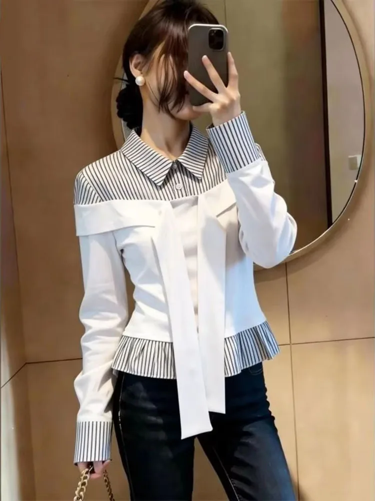 Shirts Women Patchwork Striped Turn Down Collar Bandage Long Sleeve Vintage Elegant Blouse Female Autumn Casual