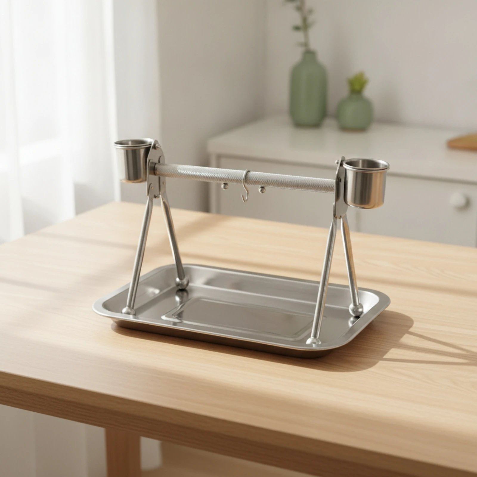 Tabletop Bird Stand with Cups Compact Stainless Steel Bird Perch with Tray Pet Supply Easy to Clean Heavy Duty for Parrots