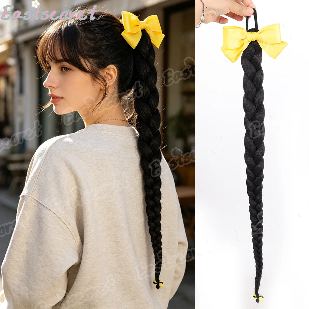 EAST 2 - Pack Girls' Synthetic Wig Set, Yellow Bow Double Braided Pigtails for Cosplay Party Daily Wear