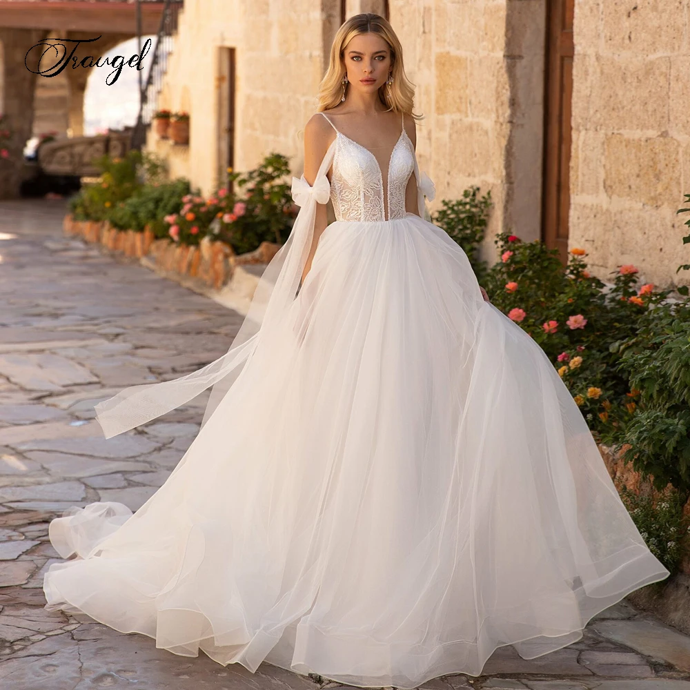 Traugel Sexy Backless Sweetheart Ribbons Vintage Wedding Dresses Exquisite Applique Beaded Court Train A Line Bridal Gown