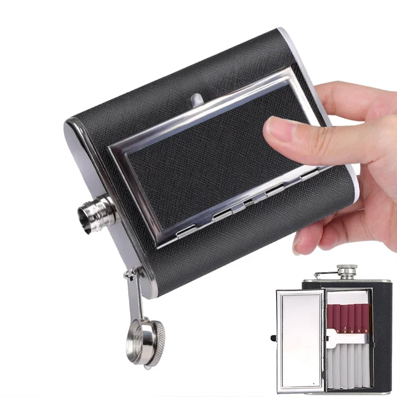 Integrating Cigarette Box Hip Flask 6oz Whiskey Wine Bottle Stainless Steel Alcohol Bottle with Smoking Holder