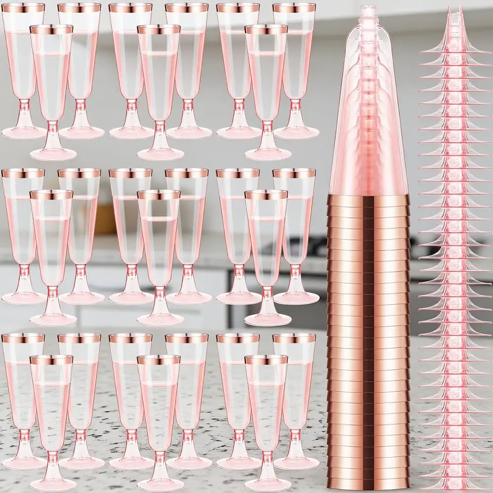 

100 Pcs Plastic Disposable Champagne Flutes 5 oz for New Year's, Valentine's, Wine, Mimosa, Galentines, Quinceanera Party Suppli