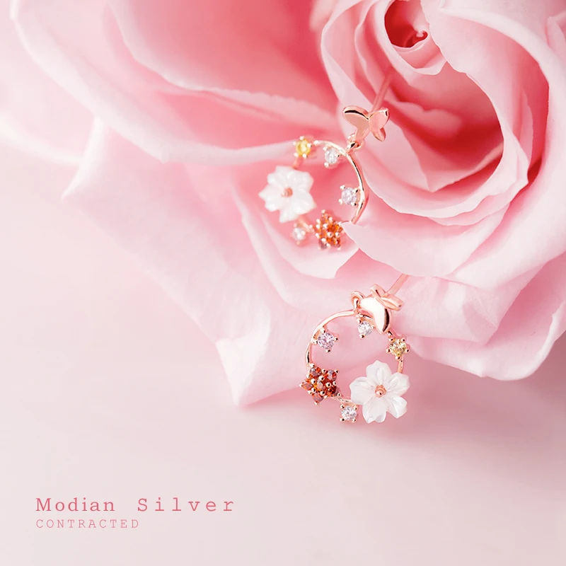 Modian Fashion Butterfly Round Enamel Flower Drop Earrings Charm 925 Sterling Silver Luxury Dangle Ear For Women Wedding Jewelry