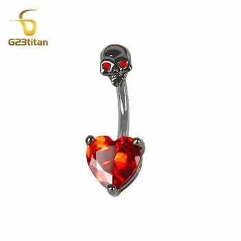 哥德骷髏紅鋯石心形肚臍環 14G 鈦或鋼槓鈴 CZ 肚臍穿孔飾品 男女萬聖節配件 10 最佳銷售 歌德式穿孔 - №10