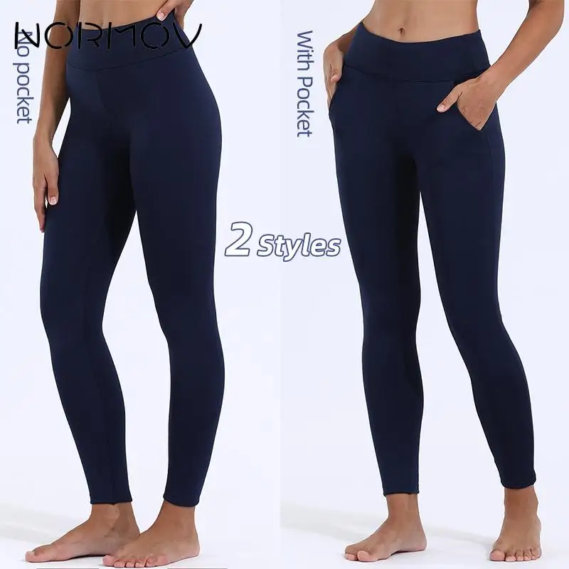 NORMOV-Leggings de lã grossa de cintura alta feminina com bolso, lã, quente, veludo, calças térmicas, inverno