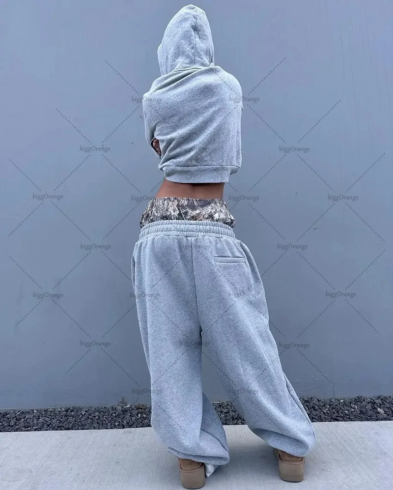 Hip-hop Trendy Streetwear Harajuku Retro Striped Wide-leg Trousers Women Camouflage Splicing Fake Two-piece Casual Sweatpants