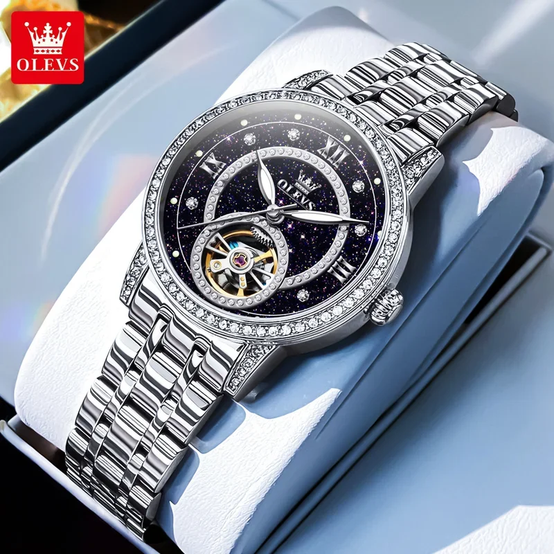 OLEVS 7036 Luxury Mechanical Watch Women Starry Moon Phase Steel Strap Bezel Hollow out Automatic Watch