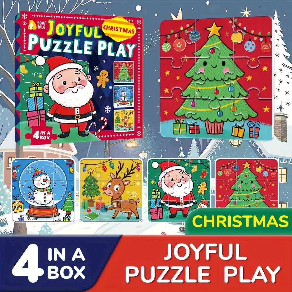 Puzzle de noël 4 en 1 pour enfants, père noël, bonhomme de neige, arbre de noël, élan, bas, jouets, cadeaux de fête de noël