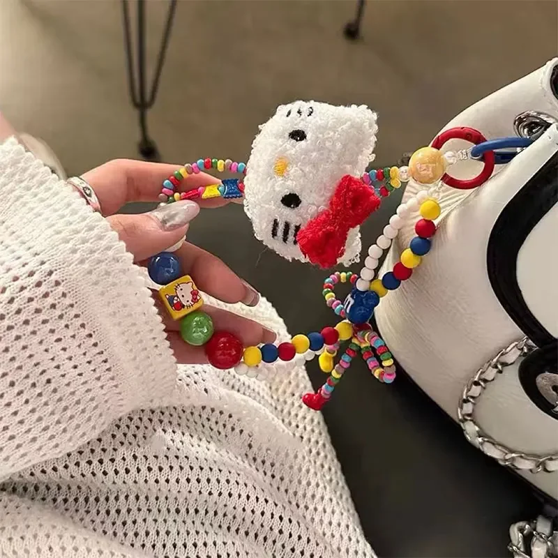 Olá Kitty e Minha Melodia Frisado Chaveiro Colorido, Sanrio Plush Phone Strap, Pulseira De Pulso, Mochila Pingente, Presente Decorativo