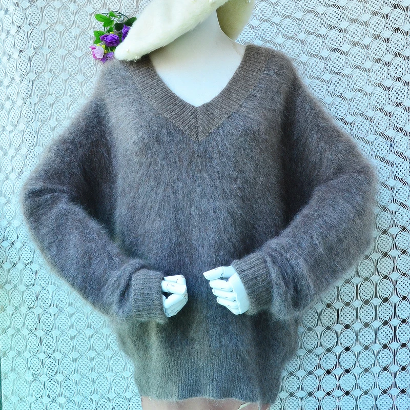 

Ladies Women Spring Autumn Fashion Hairy Plush Mohair Wool Knitted Thick Warm V-Neck Long Sleeves Loose Pullover Sweater Jumper