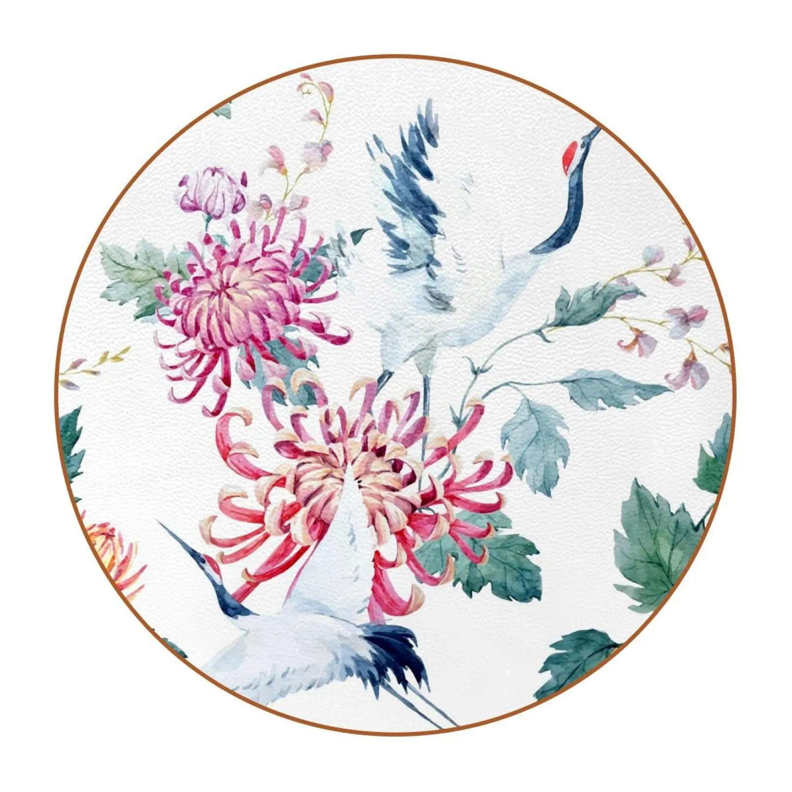 Red-Crowned Crane Peony Ceramic Coasters for Drinks Round Absorbent with Cork Base for Kinds of Mugs Coasters for Home Bar