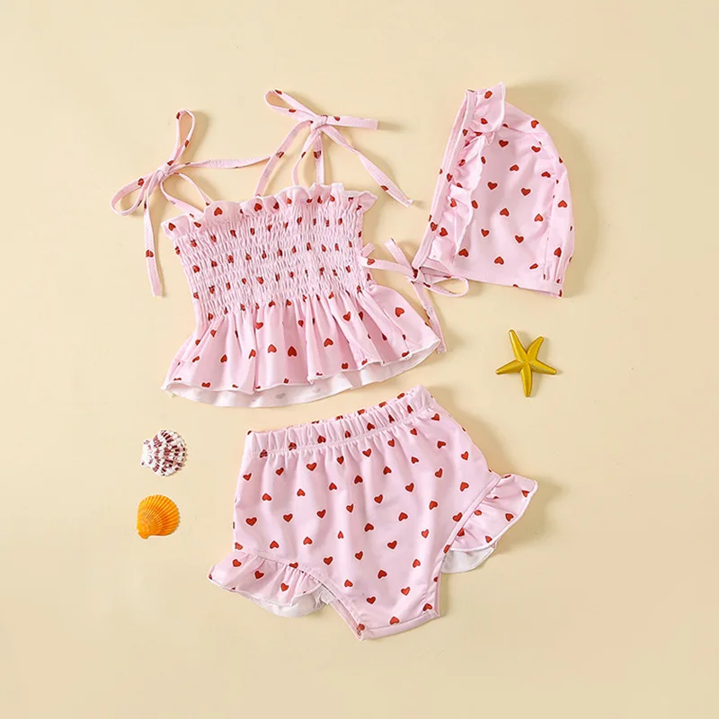 2024 Summer Baby Swimming Suit With Hat 3Pcs Girl's Heart Print Bikini Swimwear Toddler Newborn Bathing Suit Beach Clothing