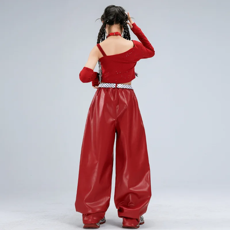 Girl's Jazz Dance Costume Model Runway Fashion Red Leather Pants Set with Exposed Navel Girl's New Year's Performance Outfit
