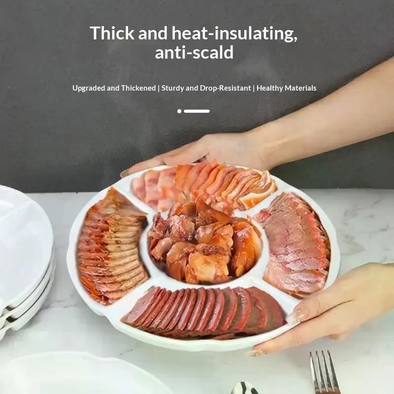Portable Plastic Food Storage Tray Reusable Round Shape Divided Dinner Plate 5-Compartment Snack Container Plate Household Use