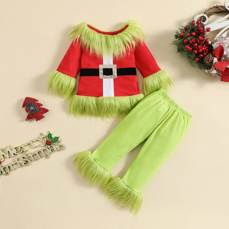 Kids Baby Christmas Costume Long Sleeve Pullovers and Pant Xmas Party Clothes Sets Green Plush PP Furry Monster Cosplay Outfit