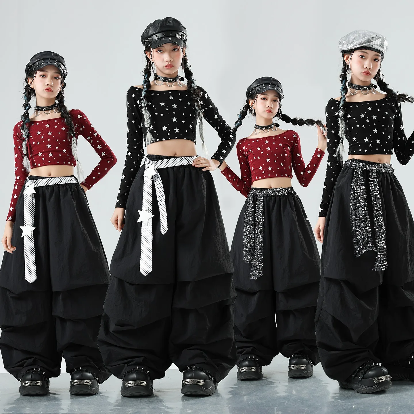 

Girls Hip Hop Dance Clothes Long Sleeves Navel Tops Baggy Black Pants Jazz Practice Clothing Kpop Kids Performance Suit BL18263