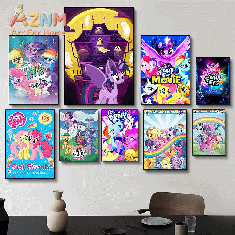 AZNM My Little Pony Magic Comic Canvas Painting, Frameless Canvas Wall Art, Cartoon Character Wall Painting for Bedroom Living