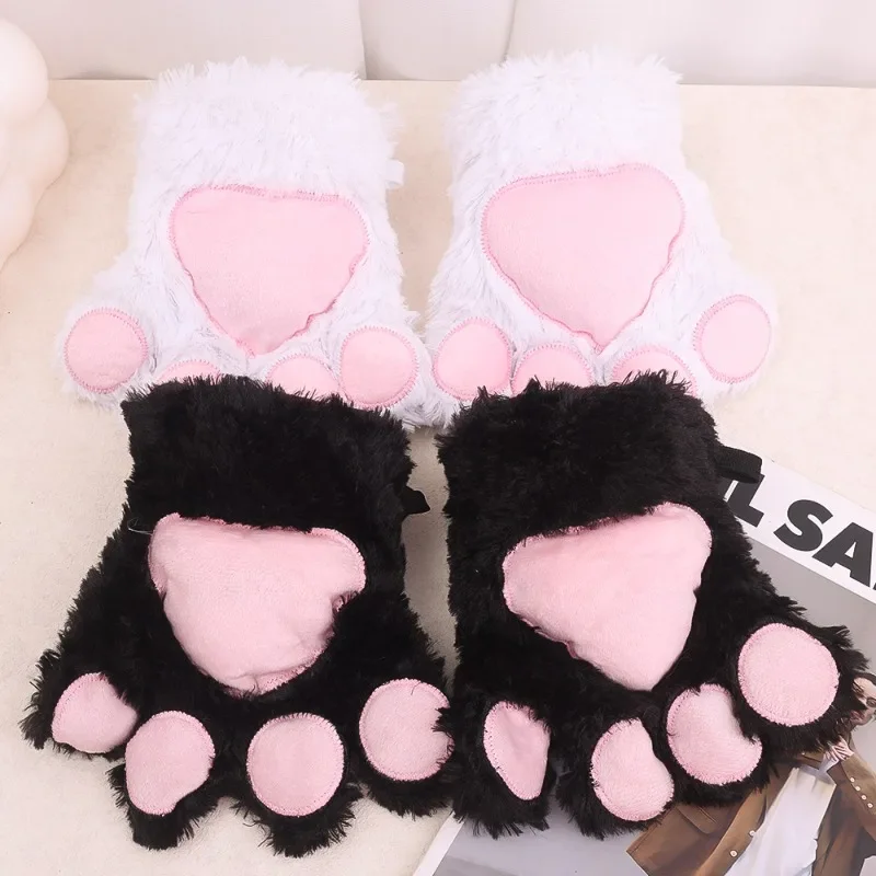 Fursuit de invierno con pata de gato peluda, guantes blancos, disfraz de Cosplay, Animal suave de peluche, decoración de Cosplay con pata de gato,