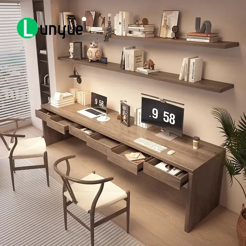 Modern simple all-solid wood desk, student home with drawers, study, double long computer desk, office workbench