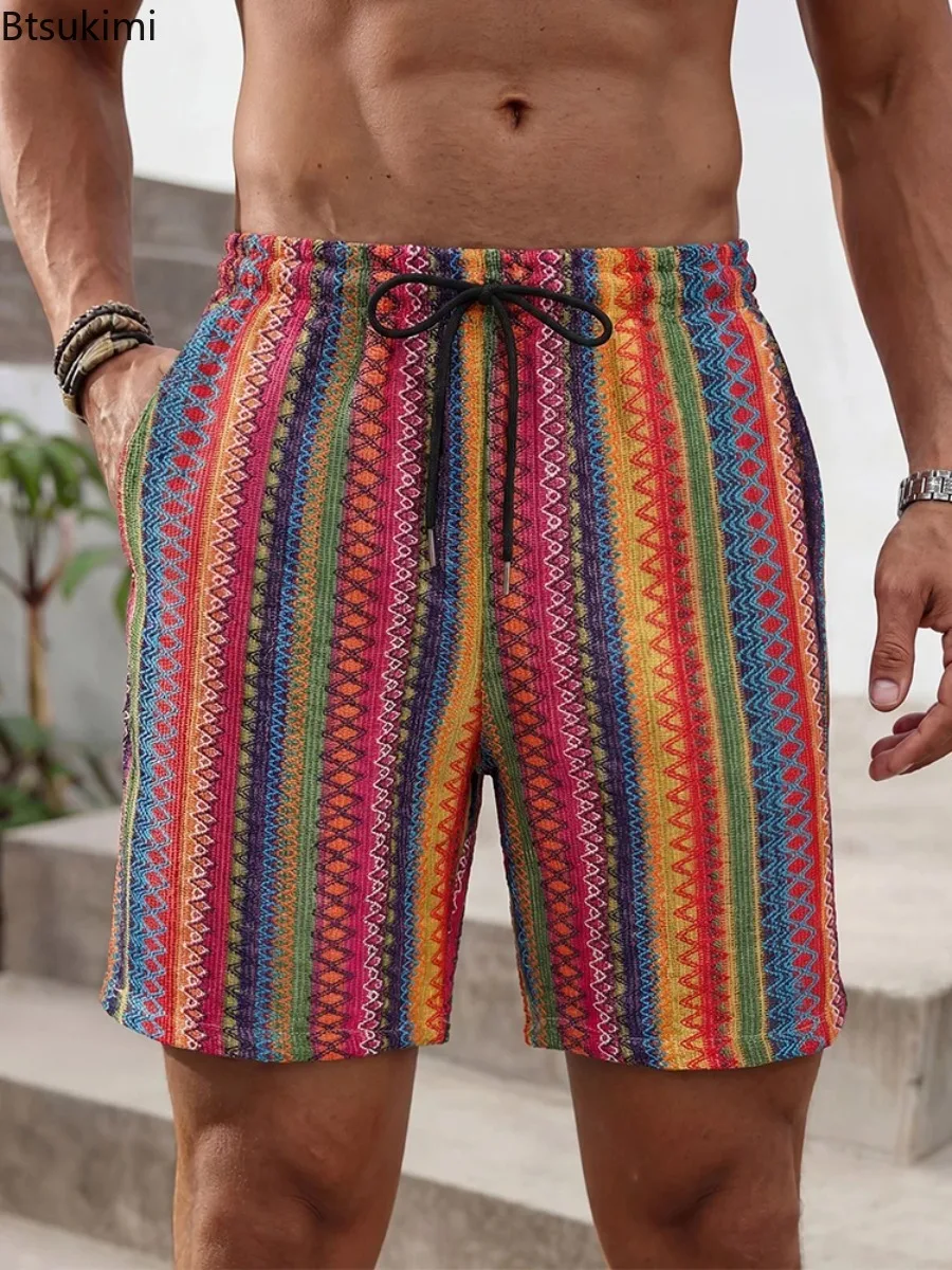 

2026 New Men's Casual Knitted Shorts Vintage Colorful Striped Textured Shorts Men Stylish Drawstring Loose Straight Knit Bottoms