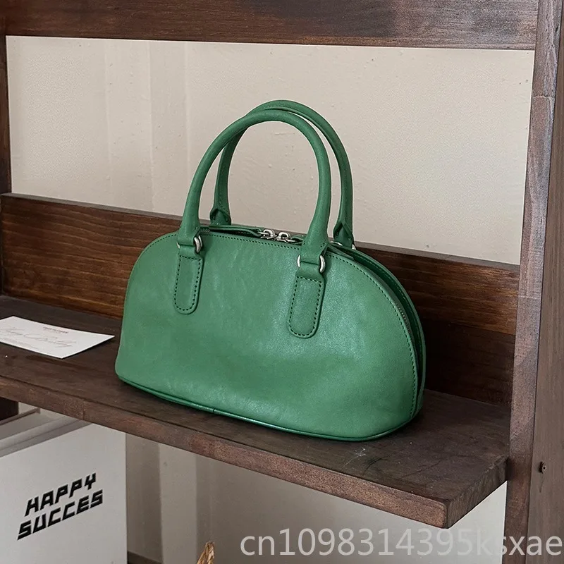 

Women's Bowling Bag with Genuine Leather Vintage Crossbody Top Handle Satchel Shell Shape Shoulder Purse