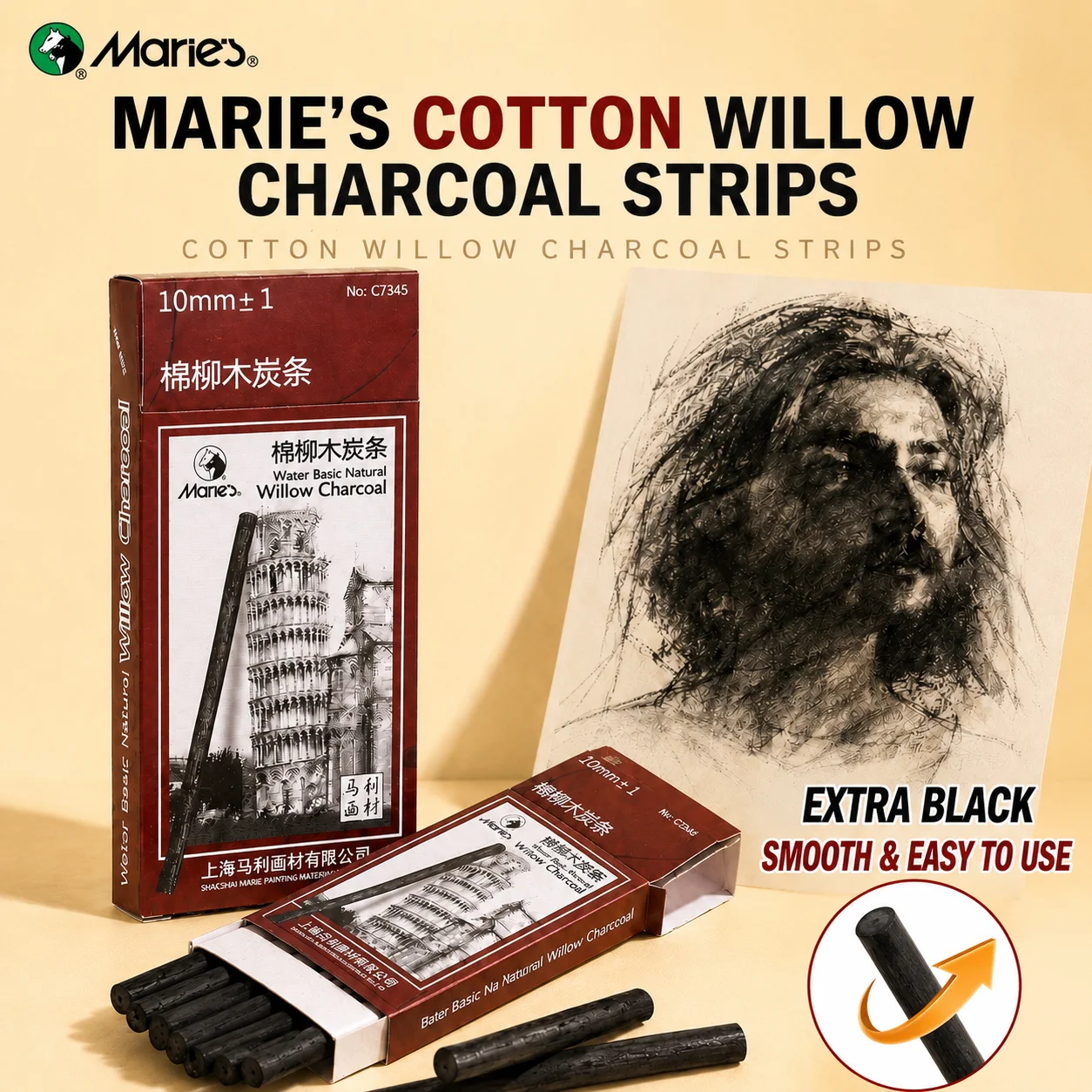 Marie's 10pcs Round Willow Charcoal Sticks, Mixed 10mm Charcoal Drawing Set for Sketching, for Hobbyists, Artists and Adults
