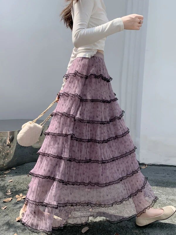 2026年春-レディース-バレエスタイル-ハイウエスト-パフスリーブ-ハーフ丈スカート-フェアリースカート-ロングケーキスカート-スリミング-ムーンライトチュールスカート