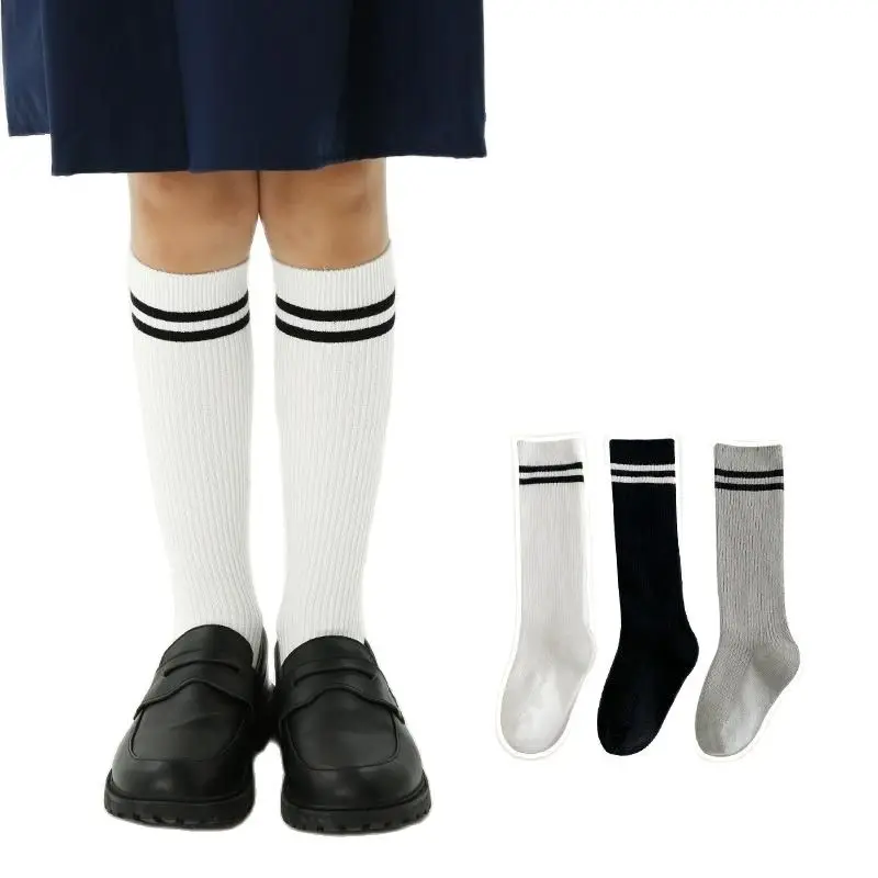 2Pairs/Lot 3-12Year Autumn New Parallel Bars Striped Calf Socks Versatile College Style Cotton Girls' Socks