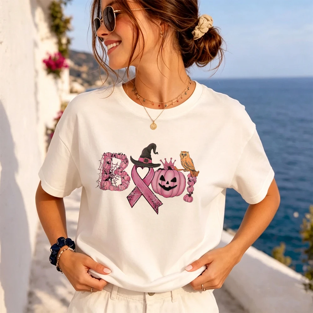In October We Wear Pink Graphic Tee Pink Ribbon Boo Pink Halloween Breast Cancer Support Women Short Sleeve Casual Tshirt