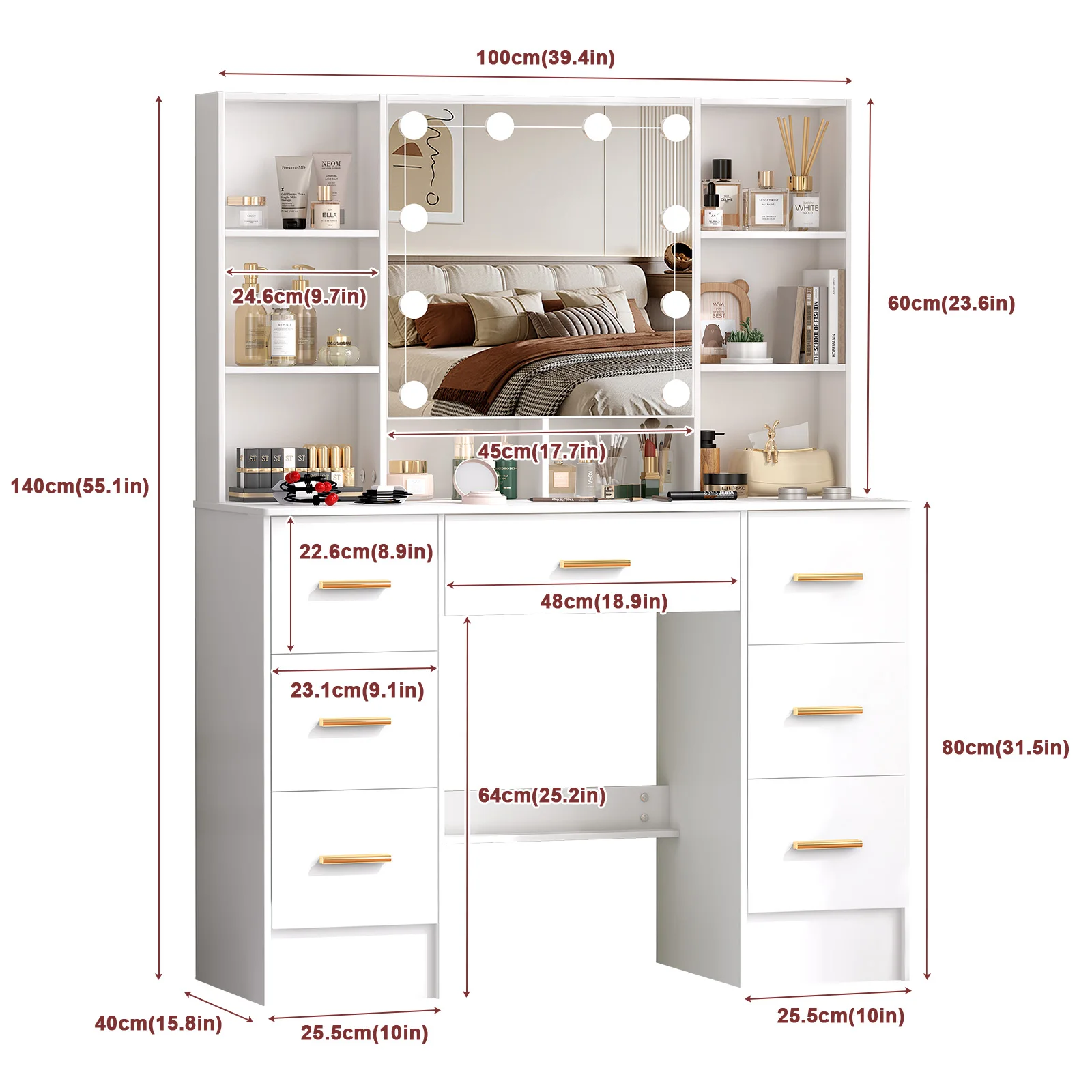 مكياج خشبي منخفض مع مرآة مضاءة: 3 أوضاع إضاءة وأدراج وأرفف منزلقة #6