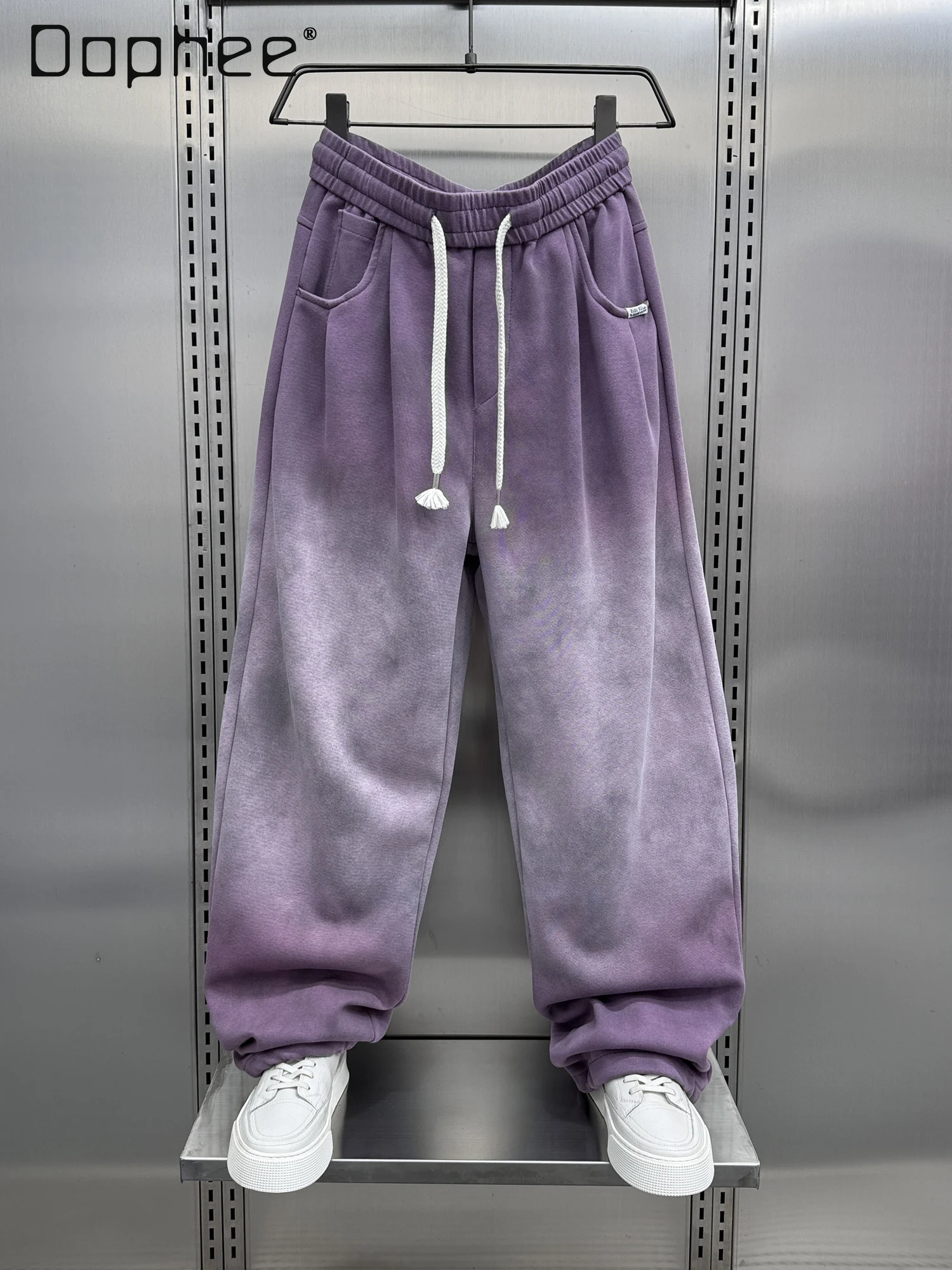 

2025 Spring and Autumn New American Style Gradient Purple Casual Men's Wide-Leg Pants Black Gray Loose Fleece Sweatpants